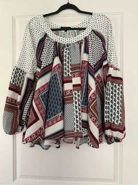 Beulah White Patchwork Peasant Top with Blue & Red Accents